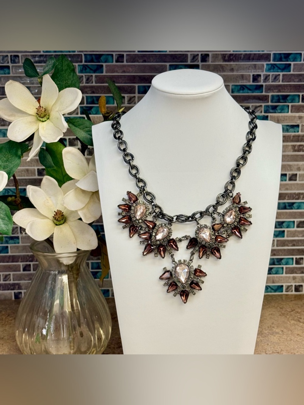 Floral Rhinestone Bib Statement Necklace